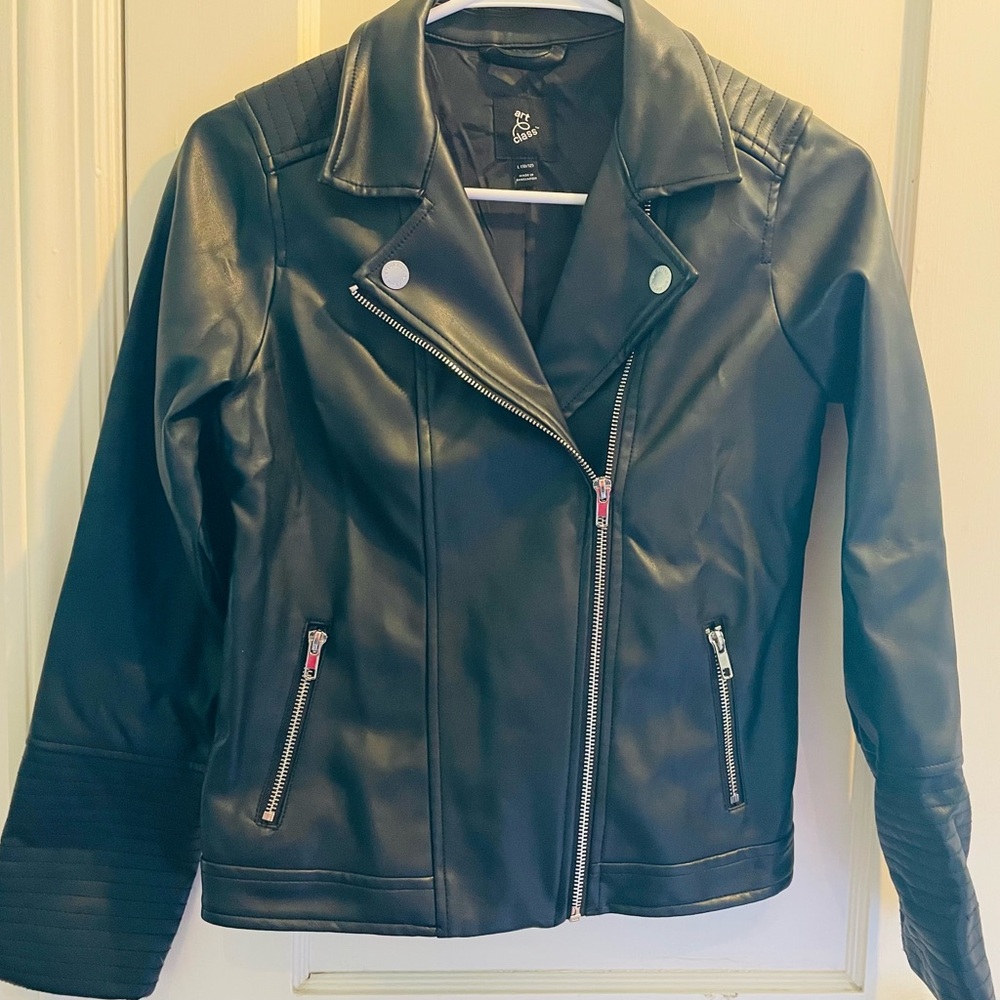 Art Class Kids Black Pleather Moto Jacket with Zippered Pockets, Size 10/12
